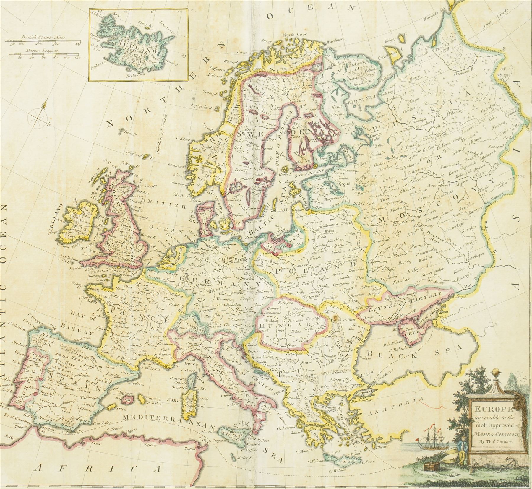 Thomas Conder (British 1747-1831): 'Europe Agreeable to the Most Approved Maps and Charts', 18th century  engraved map with hand-colouring pub. c.1779, 33cm x 36cm
