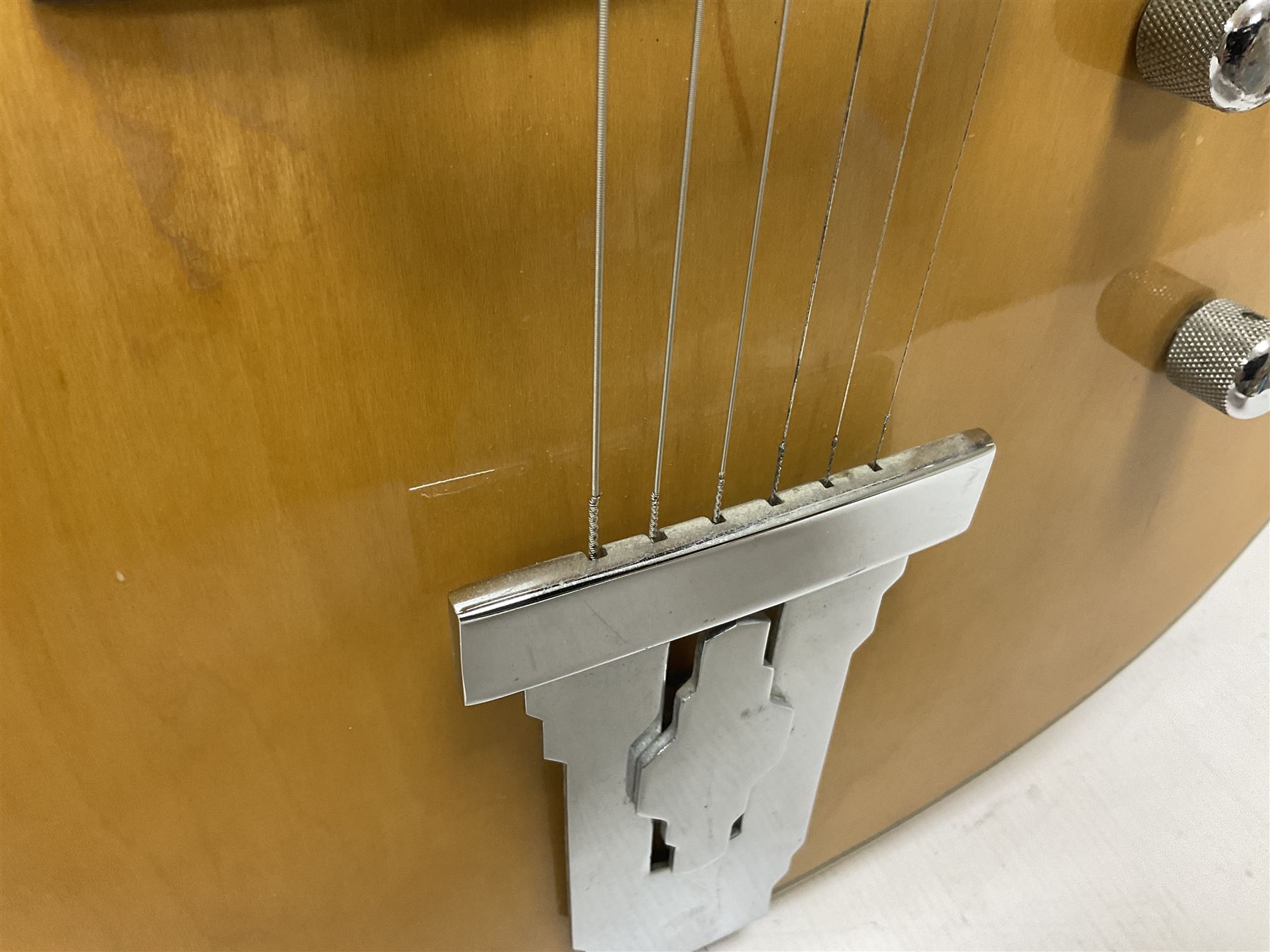 1980s Korean Antoria Jazzstar hollow body electric guitar, in blonde finish with inlaid fretboard, model no E G794, L109cm