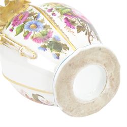 Large mid 19th century French porcelain vase, of baluster form with raised twin handles with applied stylised flower heads, the body painted with panels of pronounced floral sprays within blue and gilt borders, H58cm