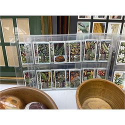 Quantity of cigarette cards to include three frames, and quantity of marble and agate eggs, turned wood bowls etc