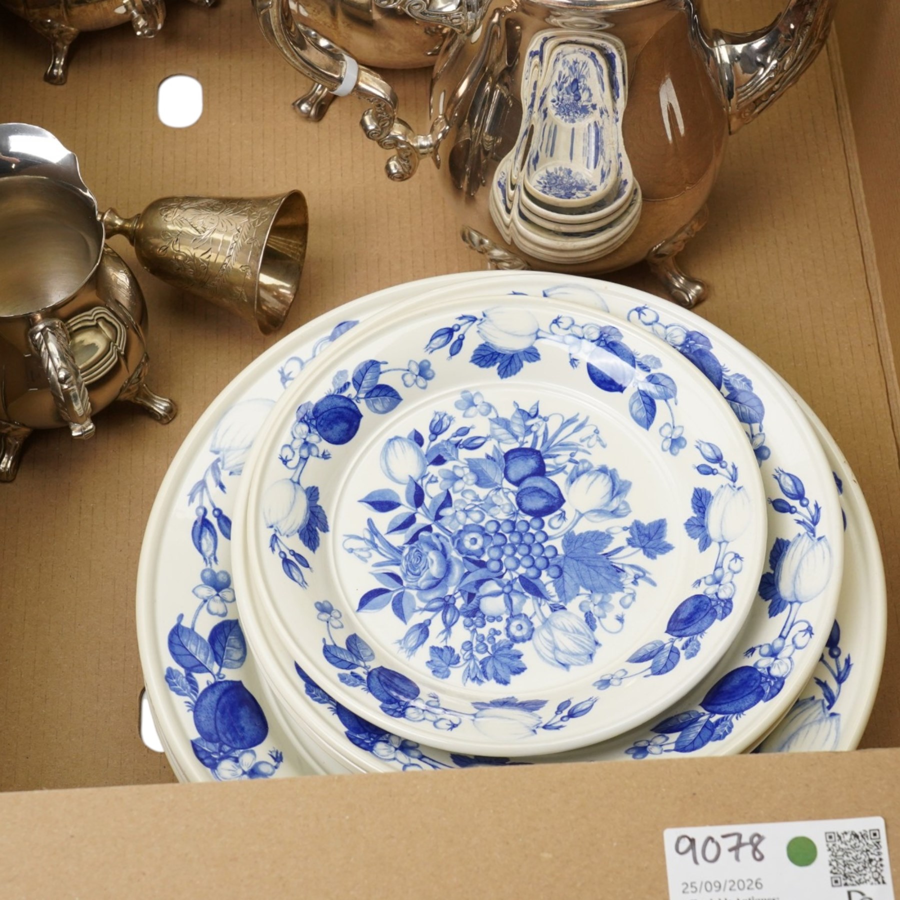 Portmerion Harvest Blue pattern plates, Paragon Fiona pattern tea service, a silver plated tea and coffee service, etc, contents in two boxes