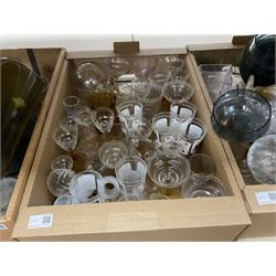 Large collection of assorted glassware, to include coloured glass, paperweights, glass sweet jar, drinking glasses of various size and form etc, in five boxes