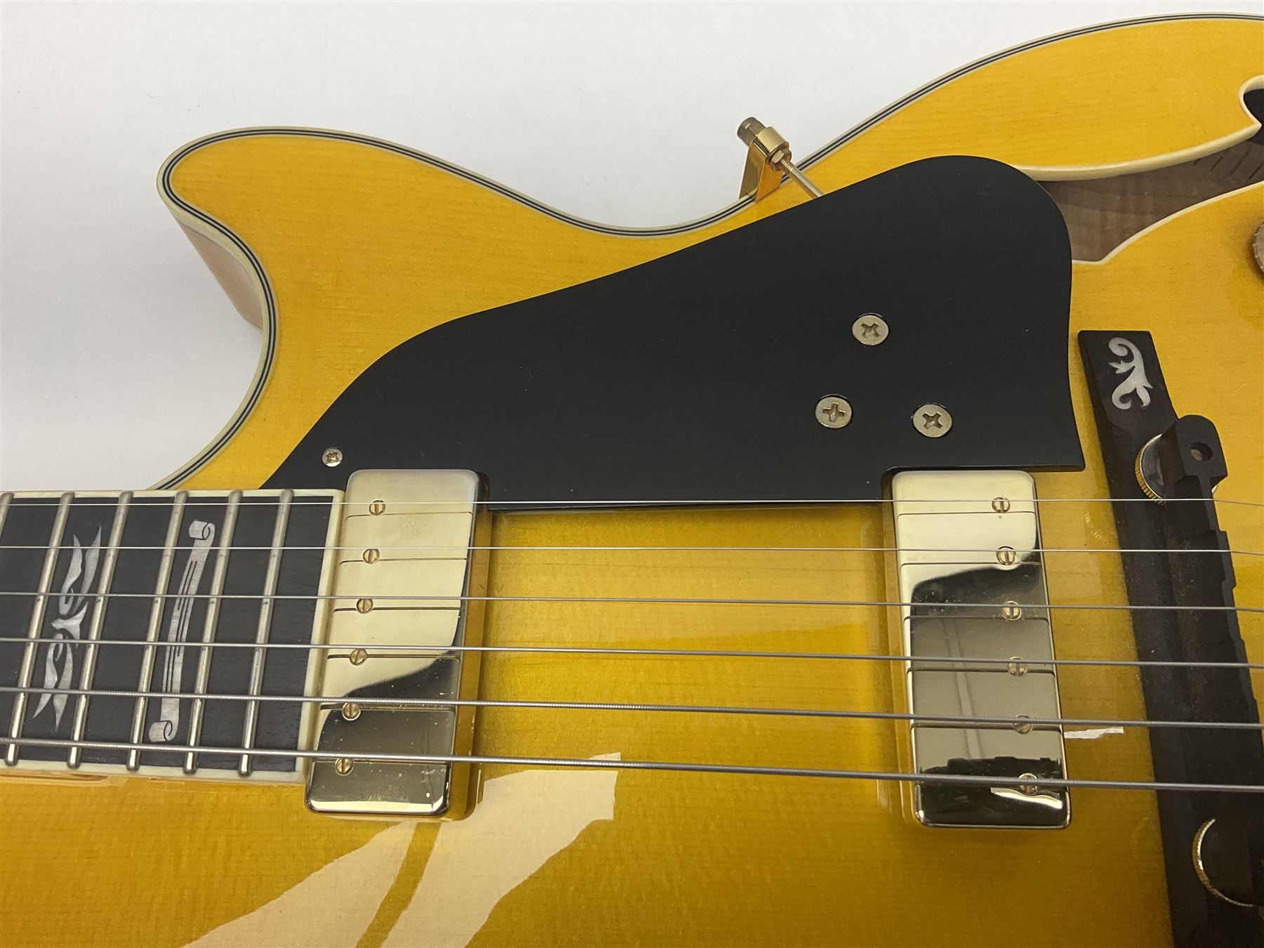 Ibanez George Benson 40th Anniversary arch top semi-acoustic guitar with floating pick-ups and mother-of-pearl inlay; model no.GB40THII serial no.S16120480; L104.5cm; in Ibanez hard carrying case with manual