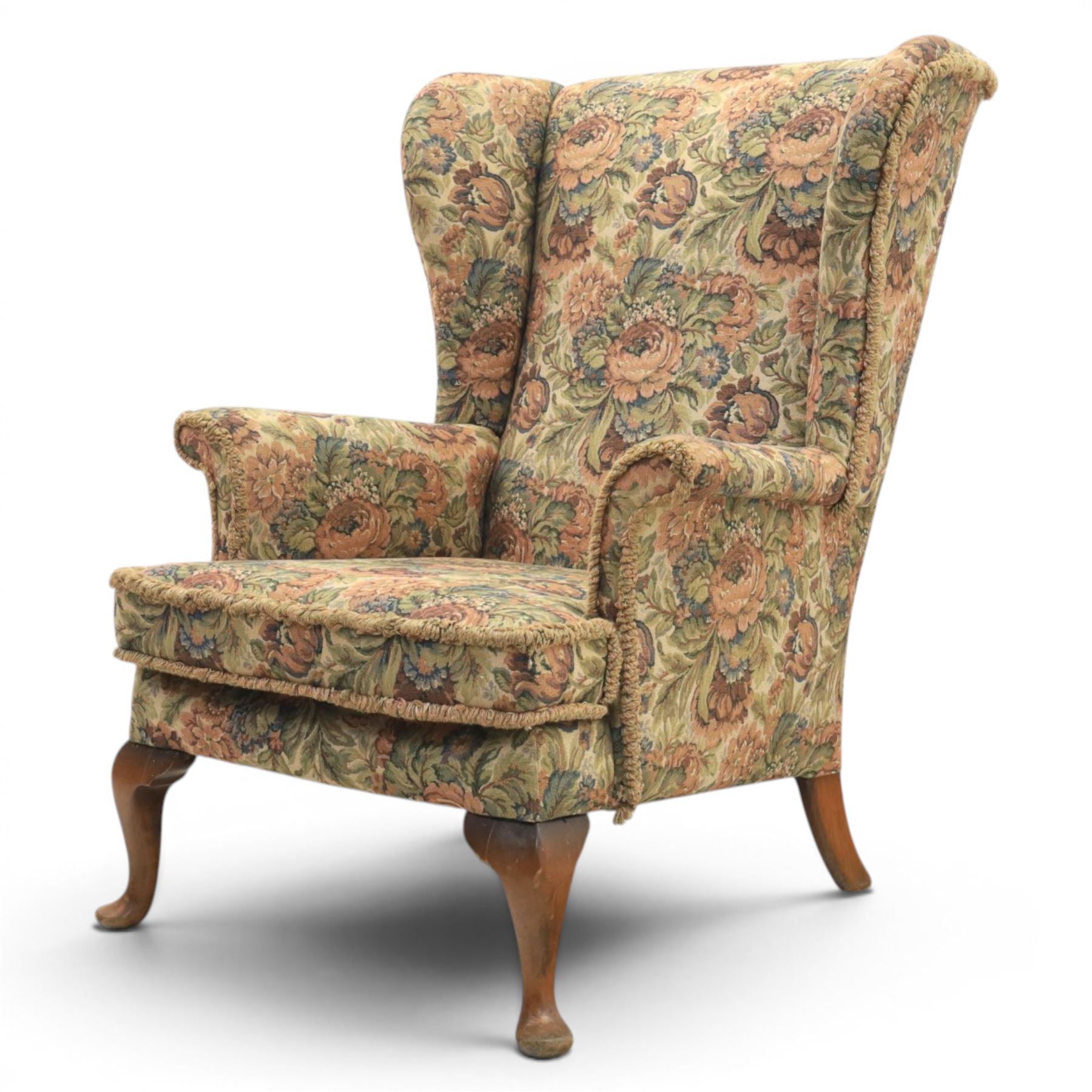 Parker Knoll - pair of mid-20th century wing back armchairs, upholstered in tapestry fabric, raised on cabriole legs
