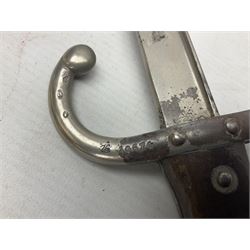 French Model 1866 Chassepot bayonet with 57cm curving fullered steel blade dated 1873 No.L63963; in steel scabbard with conforming number L71.5cm overall; and French St. Etienne Gras bayonet dated 1878 No.K10674 in steel scabbard numbered 79437 (2)