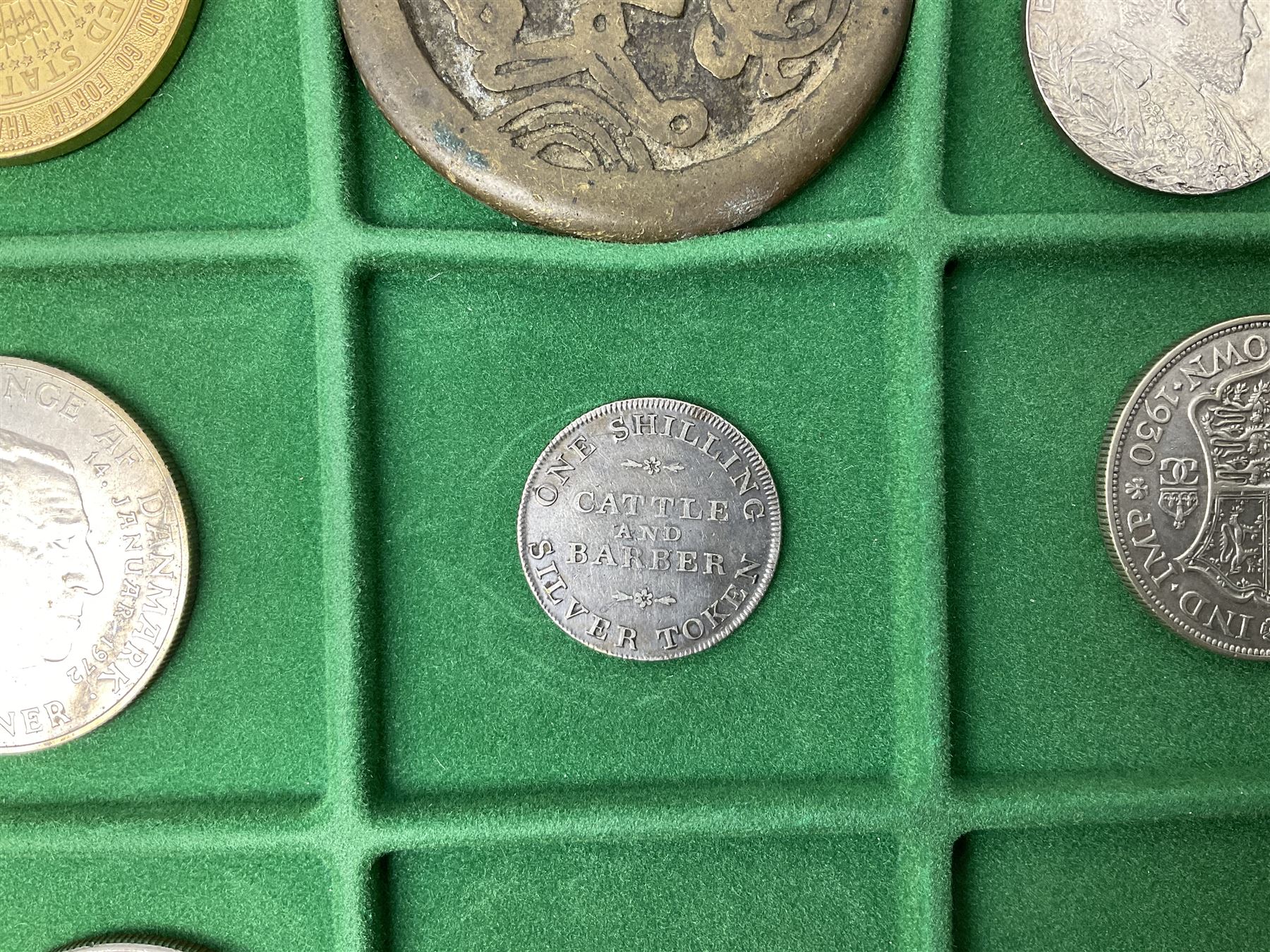 Coins and medallions including, York 1811 one shilling cattle and barber silver token, United States of America 1883O silver Morgan dollar, birds of destiny medal by Malcolm Appleby, Great British King George V 1930 halfcrown, King Edward VII 1902 silver medal, King George V 1916 halfcrown etc, housed in a case with lift out green coin trays