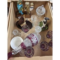 Cut glass decanter with five matching glasses, together with Spode plates and other collectables, in two boxes 