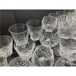 Set of Waterford Crystal Lismore pattern drinking glasses for six people, including hock glasses, goblets, champagne flutes,  sherry glasses, liqueur glasses, hi ball glasses, whisky glasses, brandy balloons, etc, all with etched maker's mark beneath  (62)