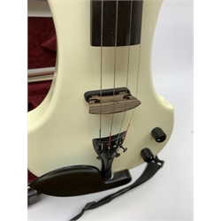 Fender white and black electric violin with 35.5cm back, serial no.KD00060342, 59cm overall, in original Fender fitted hard carrying case with bow