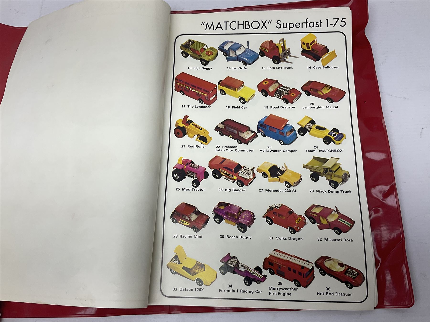 Matchbox 1-75 Series 'Superfast' ex-shop stock - eight models comprising two 62d Dragster, two 64c Slingshot Dragster, two 65d Saab Sonnet III and two 75c Alfa Carabo; all boxed; together with Matchbox trade catalogue c1973 in original vinyl cover (9)