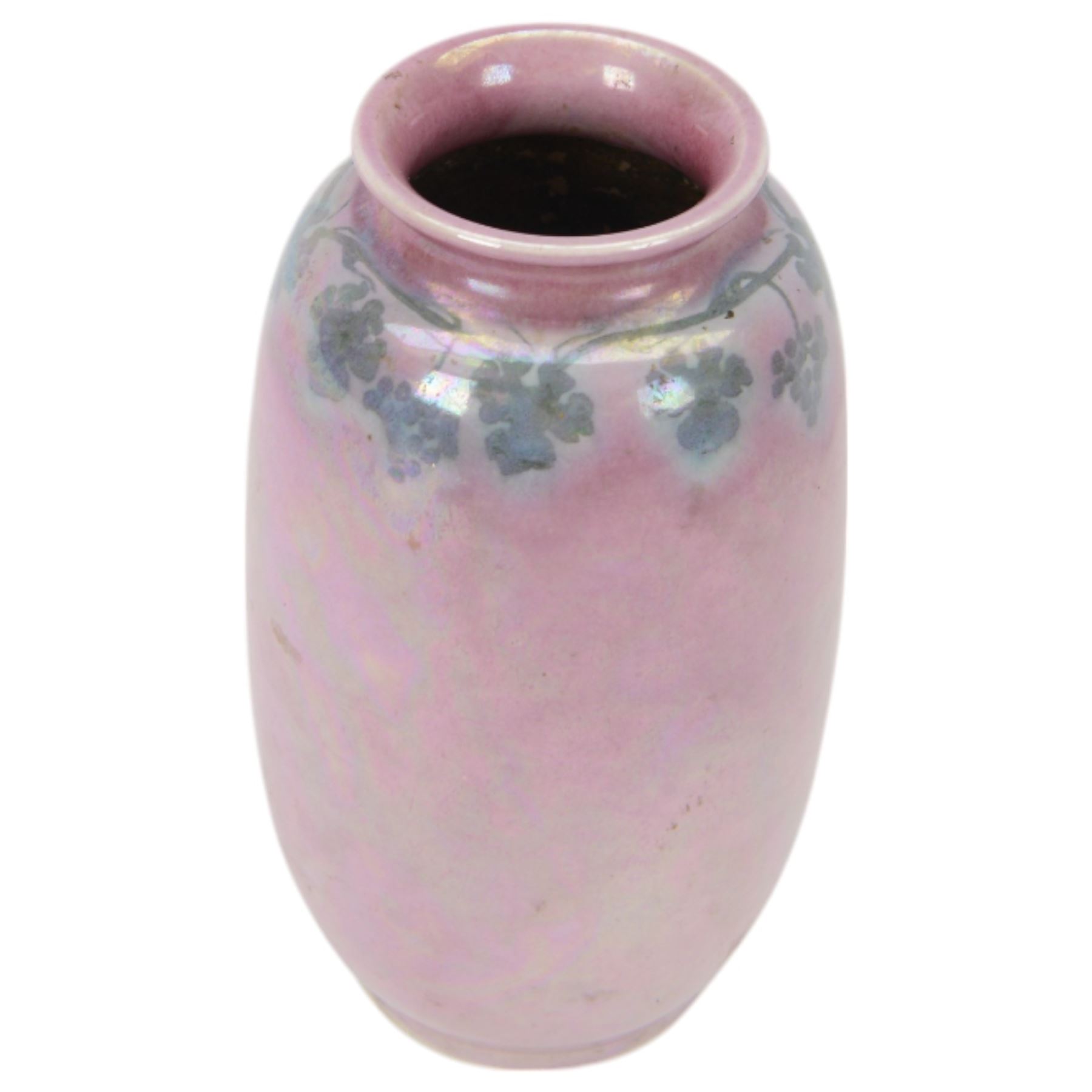 Ruskin Pottery vase, of baluster form, with blue vine decoration upon a pale pink lustre ground, with impressed mark beneath, H19cm