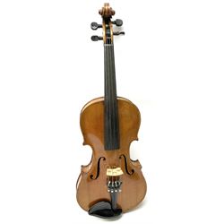 German violin c1900 the 35.5cm two-piece maple back impressed KLOTZ, maple ribs and spruce top, bears label 'Josef Klotz Mittenwalde 1795', 59cm overall; in carrying case with woodgrain finish composition bow marked 'Golden Strad Made in England'; and outer canvas case