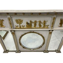 Regency painted and parcel gilt overmantel mirror, projecting cornice decorated with spherical mounts, panelled frieze with raised decoration depicting classical festival scenes, central circular bevelled mirror with ribbon and flower head band, flanked by rectangular bevelled plates, divided  by fluted pilasters with Ionic capitals, foliate moulded lower beading 