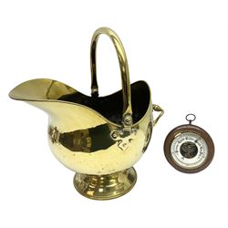 Oak cased Benn Franks Opticians barometer and brass helmet shaped coal scuttle, H47cm