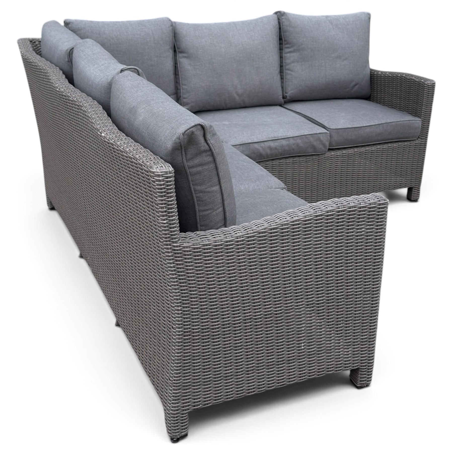 Kettler - Palma rattan garden lounge suite, comprising modular corner sofa (DIM) with slatted and rattan garden table on end supports (DIM), and three stools (DIM), with loose seat cushions