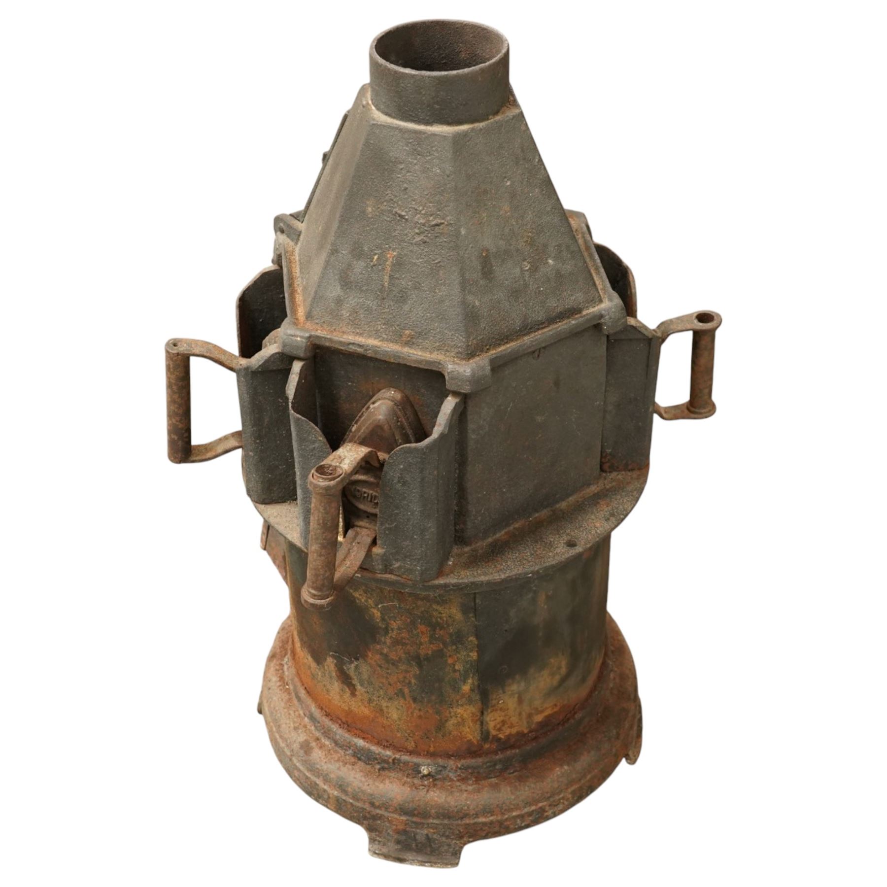 C Portways & Son (Halstead, Essex) - 19th century Slow But Sure Patent cast iron tortoise stove with five iron holders and irons