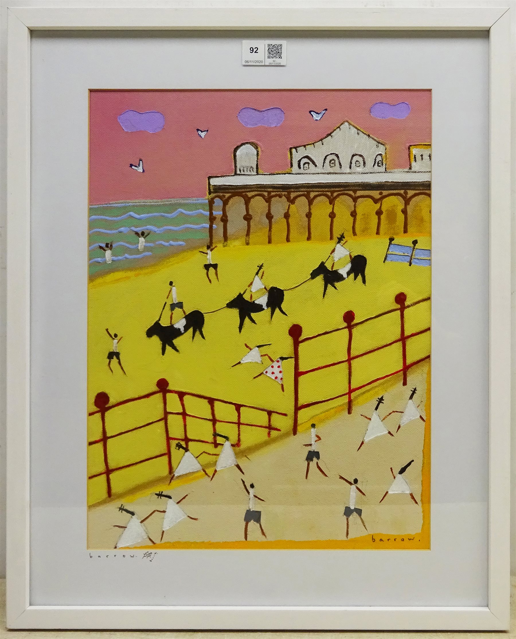 David Barrow (Northern British 1959-): 'The Pier', oil on canvas with cut-out relief laid on board signed, titled and dated December 2014 on artist's studio label verso 40cm x 30cm

