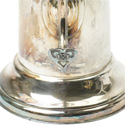 Britannia metal flagon by James Dixon & Sons with scroll handle and hinged lid H35cm and a silver plated fiddle pattern soup ladle (2)
