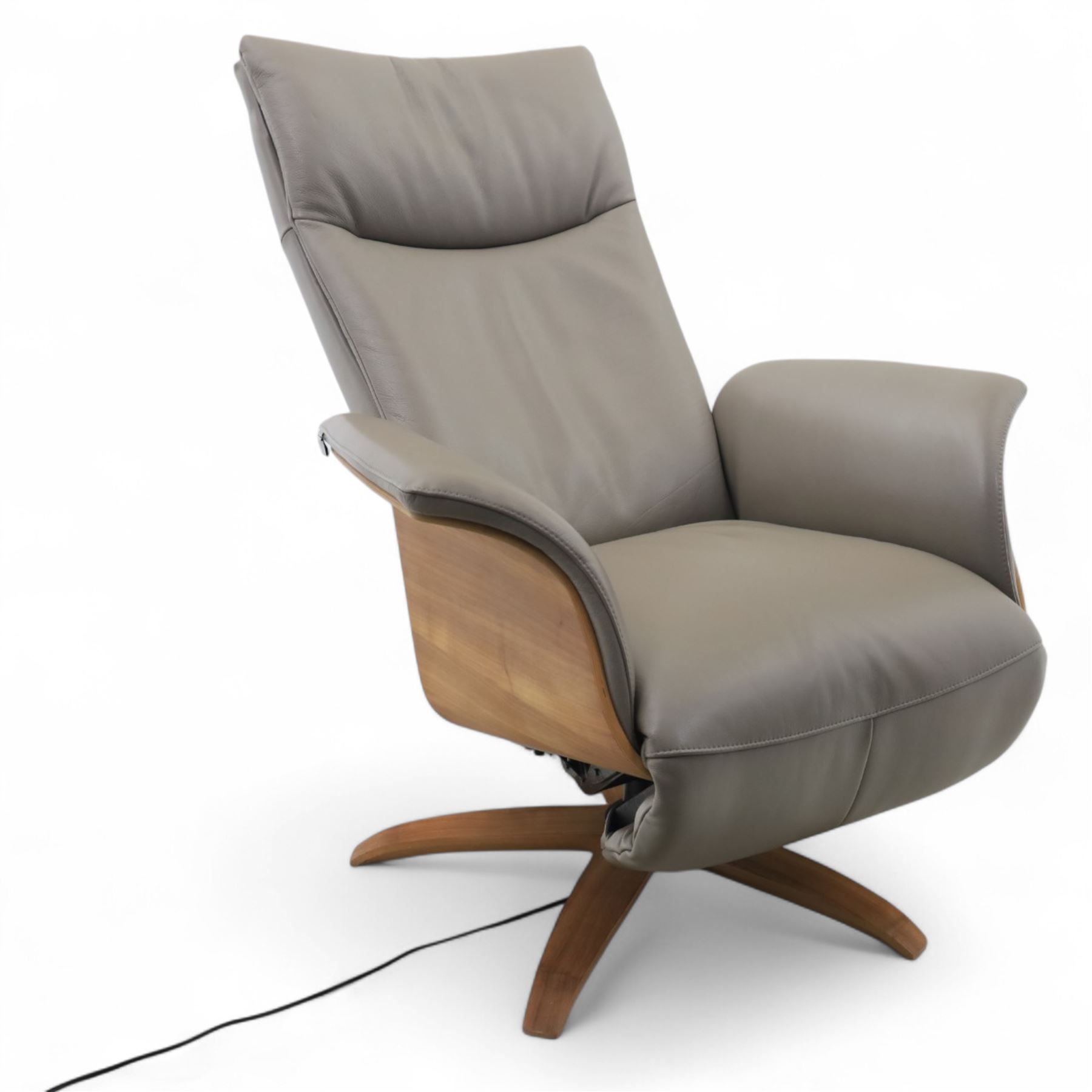 Hjort Knudsen - Danish electric reclining and swivel armchair upholstered in pewter leather, raised on a plywood frame above a five point base