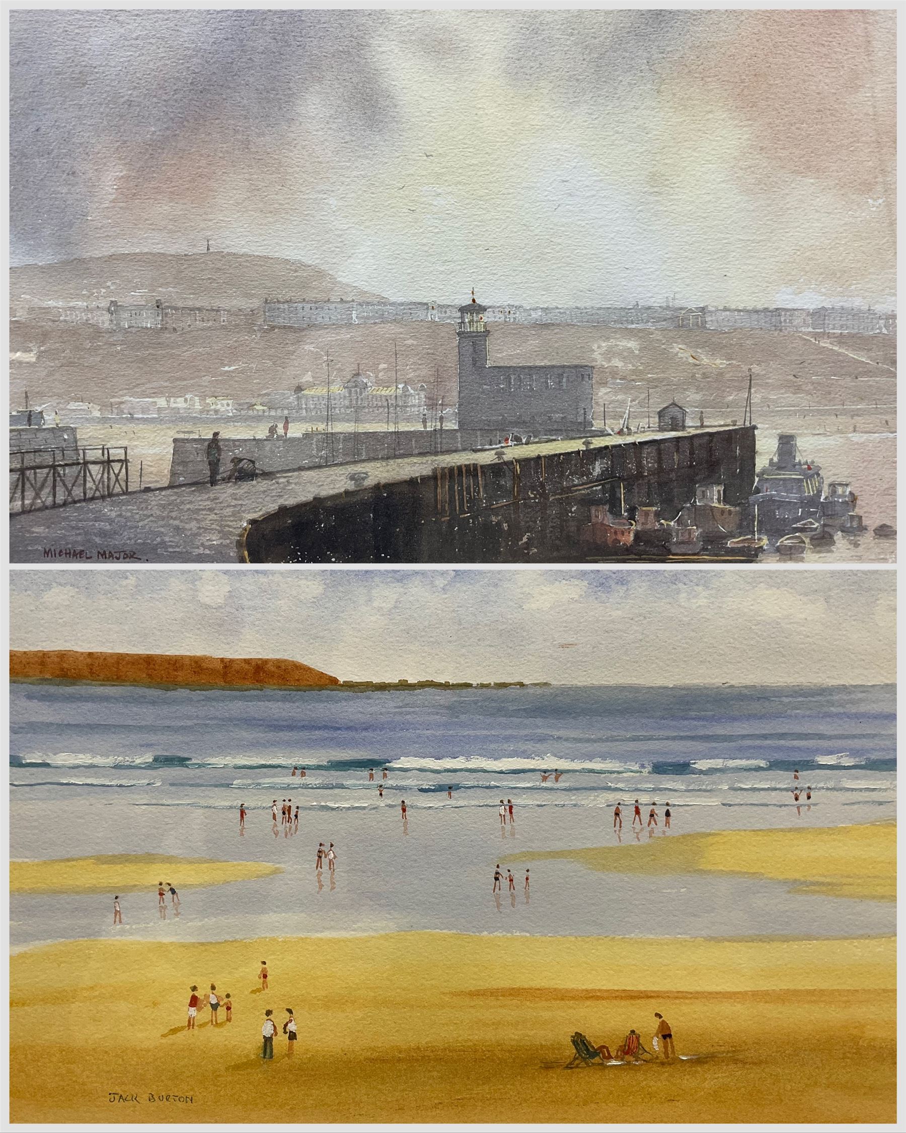 Jack Burton (Bridlington 1909-2004): 'Filey Beach', watercolour signed, titled verso 23cm x 33cm; Michael Major (British 20th Century): Scarborough Lighthouse, watercolour signed 22cm x 35cm (2)