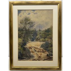 MHH (British early 20th century): Country Church, watercolour signed with initials and dated May 1900, 25cm x 35cm; English School (Early 20th century): River Falls, watercolour with scratching out unsigned 46cm x 32cm (2)