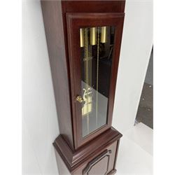 Fenclocks Suffolk - contemporary mahogany longcase clock, stepped arch hood with plain pilaster columns, moon phase dial and silvered Roman chapter ring, with chime set/silent lever, triple weight driven quarter chiming movement