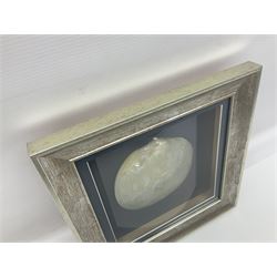Mother of pearl shell, carved with religious scenes, in wooden frame, frame H29cm