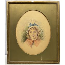 Rosina Emmet Sherwood (American 1854-1948): Girl in a White Bonnet, oval watercolour signed with initials and dated 1882, 41cm x 32cm