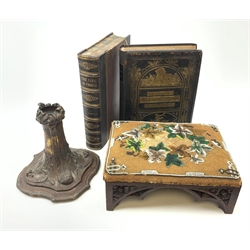19th century patinated bronze acanthus cast oil lamp base, beaded tapestry footstool, Life and Explorations of Dr Livingstone, pub Adam & Co and Fleetwood (Revd John), The life of our blessed lord and saviour Jesus Christ, published by Blackie and Son, 1871 