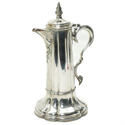 Large silver plated flagon probably by James Dixon with tapering lift, scroll handle and spreading lobed base H37cm, plated chalice with gilded interior by the same maker H21cm, plate chest with baize lined interior and countersunk handles W52cm and a pine stationery box