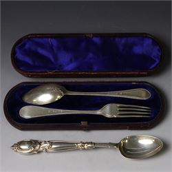 Victorian silver spoon and fork set, each with bead rim and engraved monogram and a silver...
