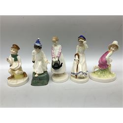Seven Royal Doulton figures from the Nursery Rhymes Collection comprising, Tom Tom, the piper's son HN3032, Little Jack Horner HN3034, Wee Willie Winkie HN3031, Polly, put the kettle on HN3021, Little Bo-peep HN3030, Little Boy Blue HN3035, Little Miss Muffet HN2727, together with two Royal Doulton Mary had a little lamb figures HN2048 and COPR1948, all with printed marks beneath  
