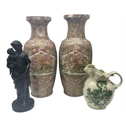 Pair of floor vases, with floral decoration on a pink ground, together with a jug and spelter figure, vases H60cm (4)