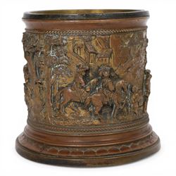 T & E of Paris, gilt bronzed white metal circular jar, decorated with high relief scenes a...