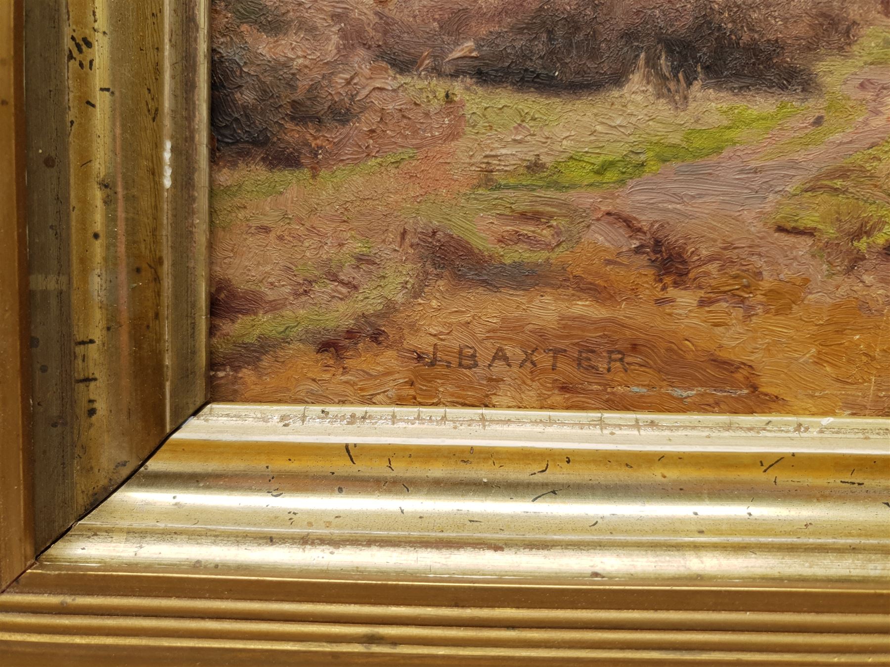 J Baxter (British early 20th century): Moorland Path, oil on panel signed 16cm x 28cm