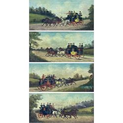 Philip Henry Rideout (British 1842-1920): Coaching Scenes, set of four oils on canvas signed 19cm x 40cm (one a/f) (4)