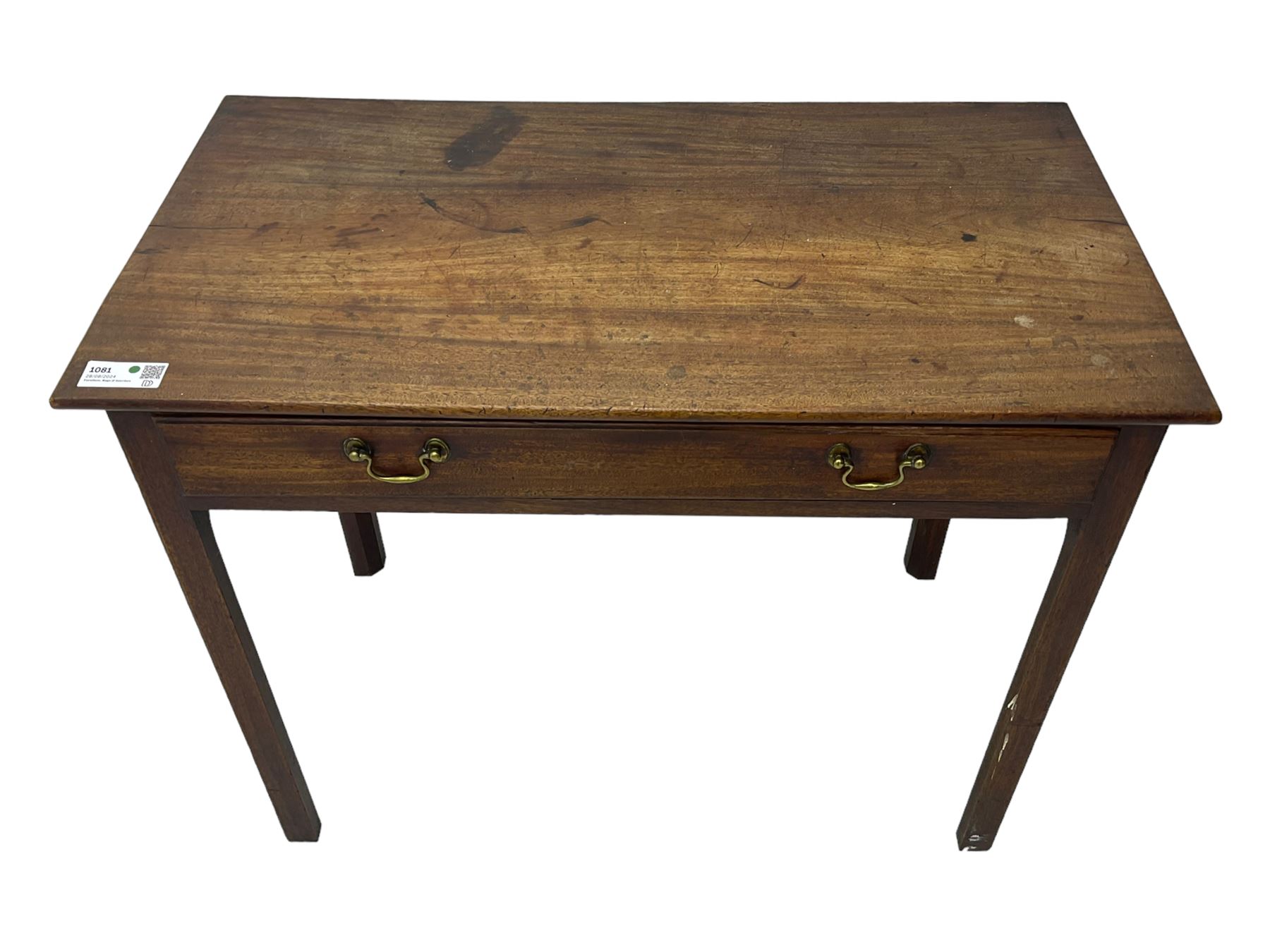 Early 20th century oak side table, rectangular top with rounded edges over single frieze drawer with brass pull handles, raised on square supports