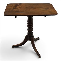 George III mahogany tripod table, rectangular tilt top, raised on a turned column, on splayed supports