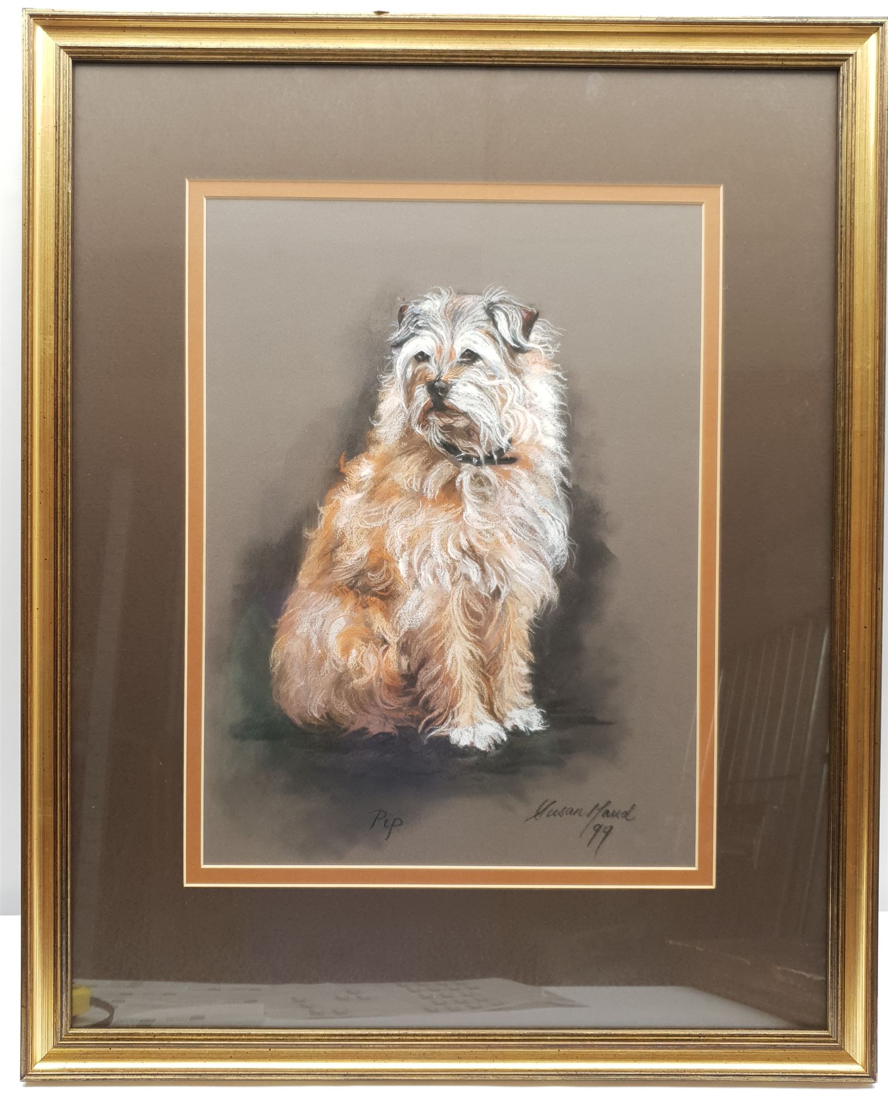 Susan Maud (British 20th century): 'Pip' - Portrait of a Terrier, pastel signed titled and dated '99, 43cm x 32cm, and a 19th century watercolour of a donkey 20cm x 15cm