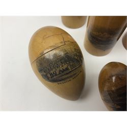 Collection of Mauchline ware relating to sewing, to include four ovoid shaped thimble cases, hinged lid thimble case and needle cases (12) 