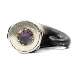 19th century horn snuff mull the cover with silvered mounts and  with purple glass inset