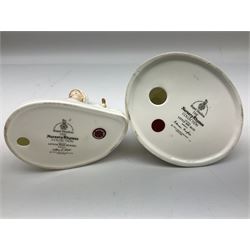 Seven Royal Doulton figures from the Nursery Rhymes Collection comprising, Tom Tom, the piper's son HN3032, Little Jack Horner HN3034, Wee Willie Winkie HN3031, Polly, put the kettle on HN3021, Little Bo-peep HN3030, Little Boy Blue HN3035, Little Miss Muffet HN2727, together with two Royal Doulton Mary had a little lamb figures HN2048 and COPR1948, all with printed marks beneath  