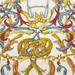 Hermes 'Le Mors A La Conetable' silk scarf, in the blue red and gold colourway, designed by Henri d'Origny, 88cm x 88cm