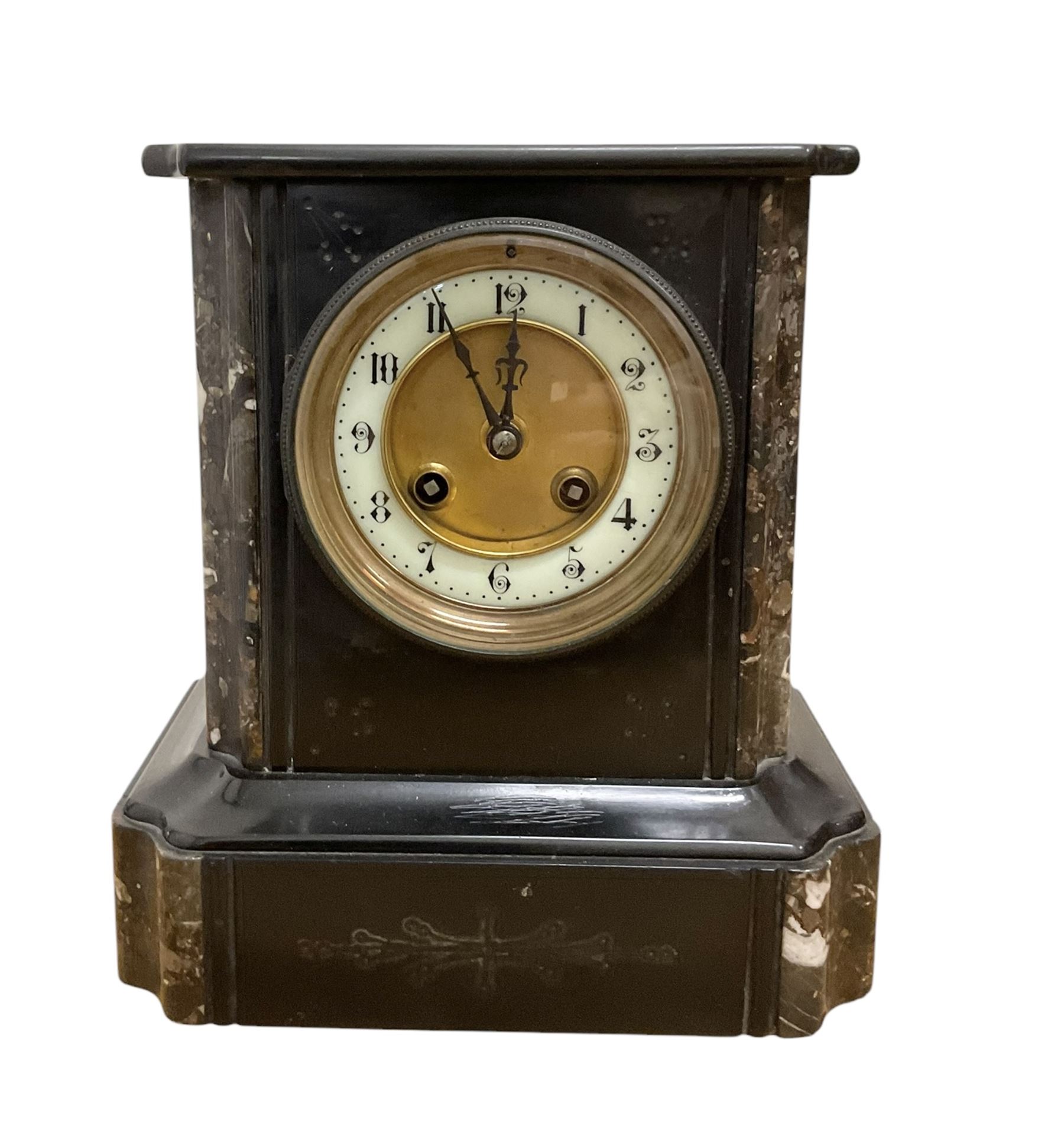 French- marble and slate mantle clock c1880 striking the hours and half hours on a gong. With pendulum.