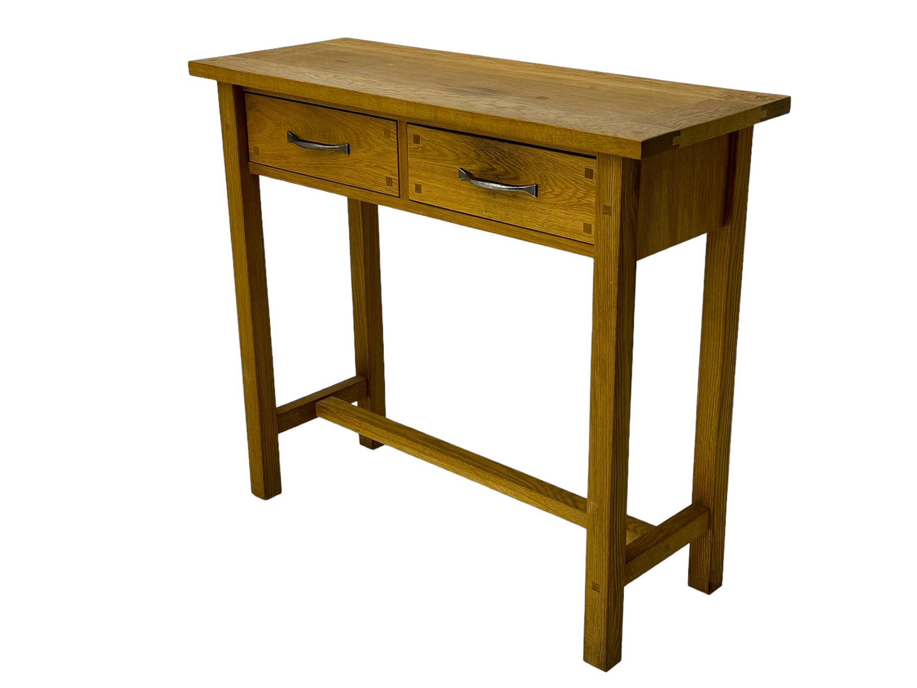 Laura Ashley - contemporary Milton oak console table, rectangular top over two drawers with pewter effect bow handles, on square legs supported by stretcher 