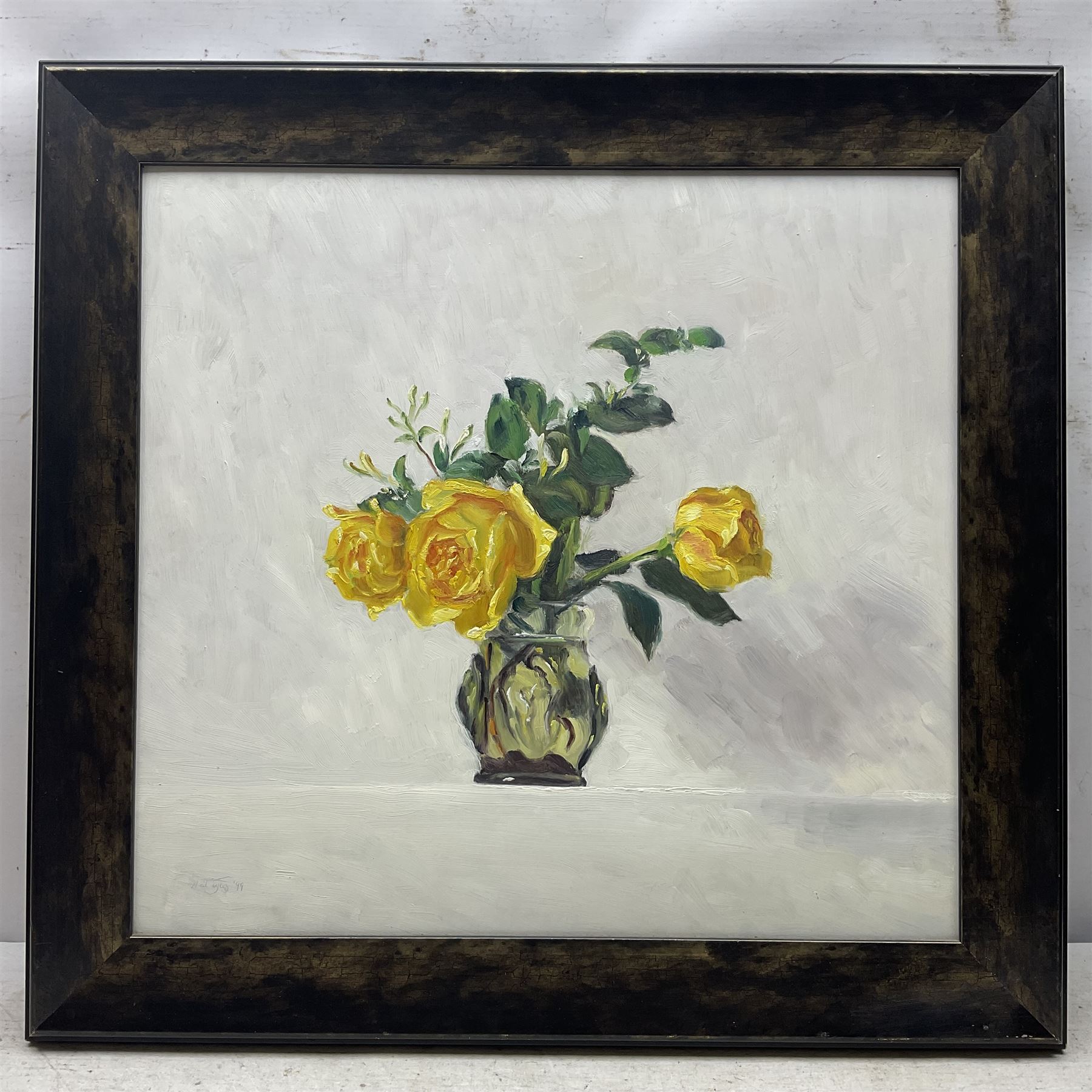 Neil Tyler (British 1945-): Still Life of Yellow Roses, oil on panel signed and dated '99, 43cm x 46cm