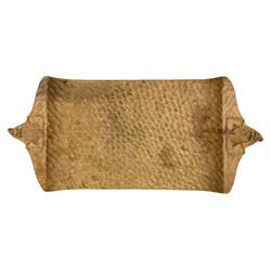 'Gnomeman' tooled oak twin handle rectangular tray, carved in relief with two gnomes, by Thomas Whittaker of Littlebeck 