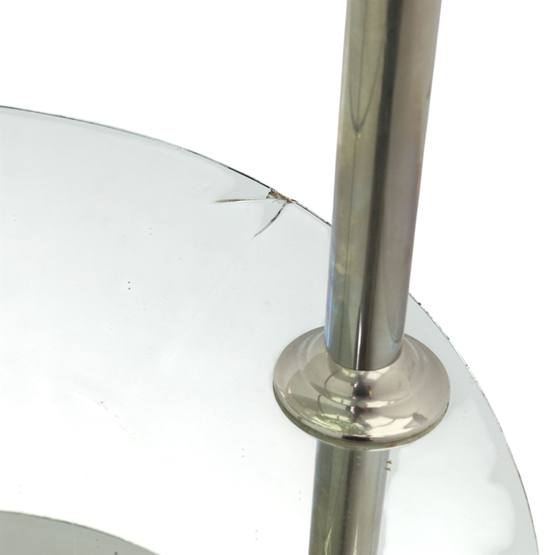 Art Deco figured walnut cocktail cabinet, demi-lune top above mirrored open compartment supported by chrome column, enclosed cupboard below with curved door, on shaped plinth base
