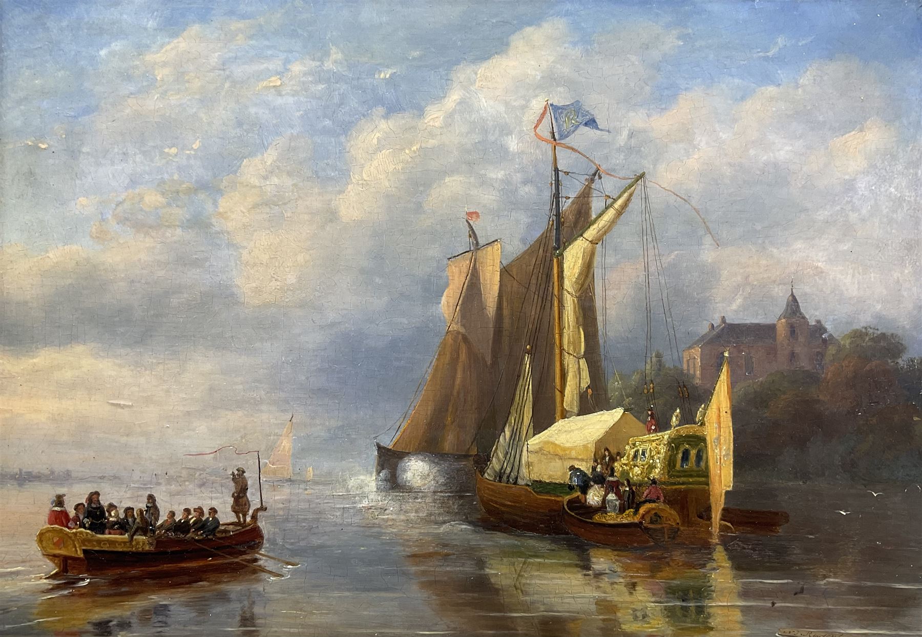 Nicolaas Johannes Roosenboom (Dutch 1805-1880): Rowing Boat approaching a Royal Barge, oil on panel signed on flotsam lower right 33cm x 47cm
