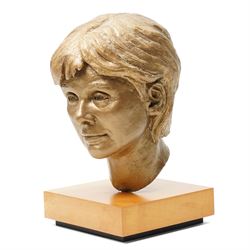 English School (20th century): Female Face Study, painted plaster indistinctly signed 'Jo' and dated '96, including wooden plinth H36cm 